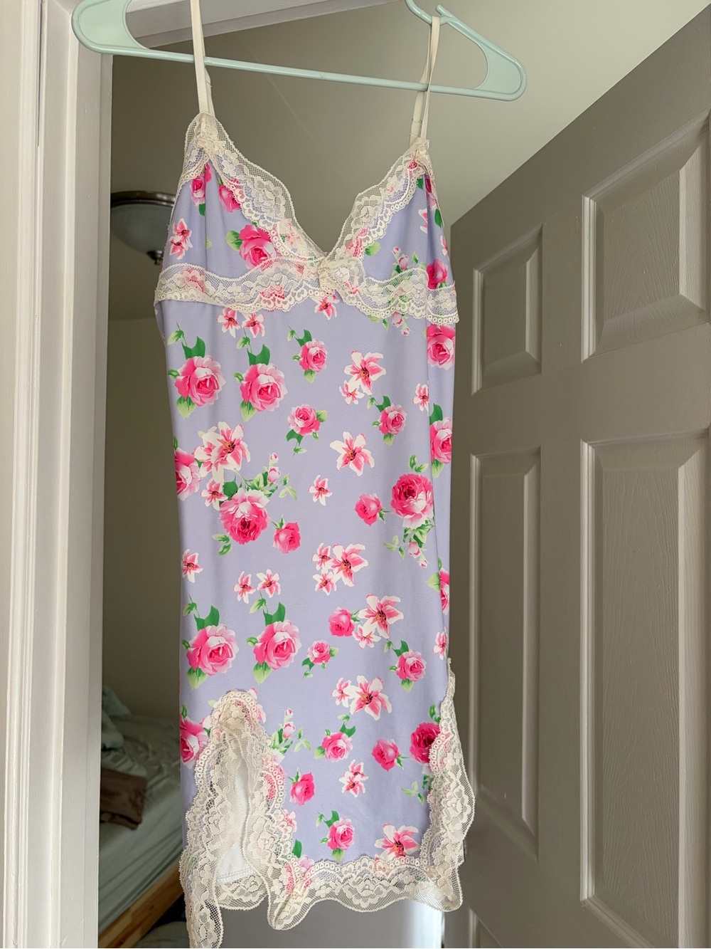 SHEIN Lavender Floral Lace-Trim Chemise with Pink Roses